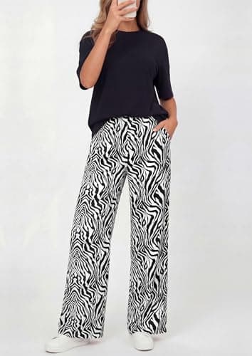 PRETTYGARDEN Women's 2 Piece Lounge Sets Summer Casual Short Sleeve Tops Leopard Flowy Pants Pajamas Vacation Travel Outfits (White Zebra Print,XXL) - Thumbnail 3