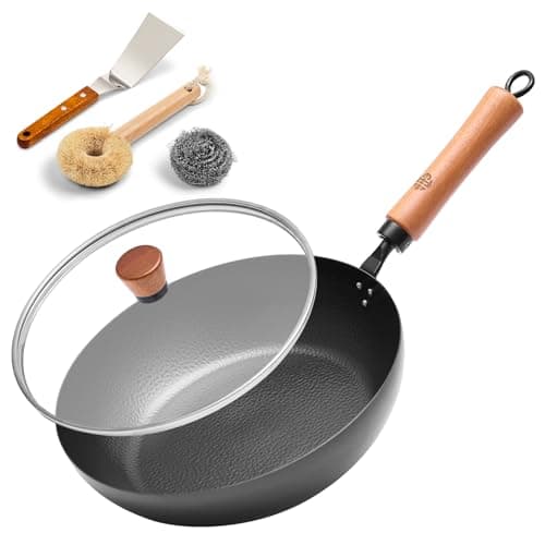 WANGYUANJI 11" Iron Skillet with Glass Lid & Griddle Spatula, Flat-Bottom Frying Pan, Uncoated & Unseasoned, Induction/Gas/Electric Compatible, Wooden Handle (Seasoning Required) - Image 1