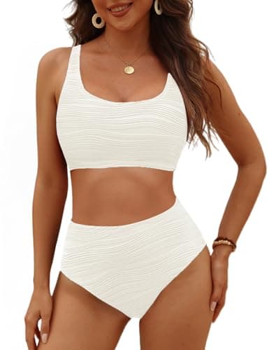 VIMPUNEC High Waisted Bikini Sets for Women Two Piece Tummy Control Swimsuits Sporty High Cut Bathing Suit Beige M - Image 1