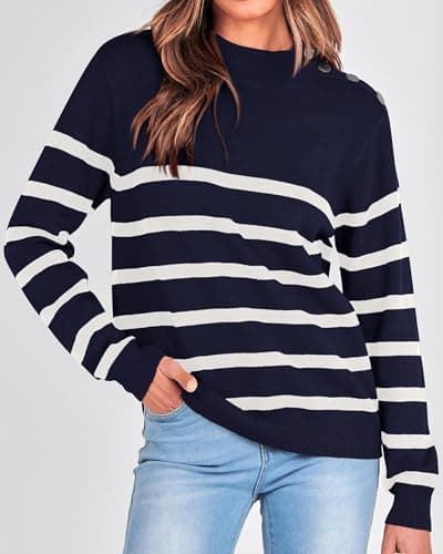 KIRUNDO Fall Sweaters for Women 2026 Striped Turtleneck Ribbed Knit Sweater Trendy Pullover Jumper Winter Fashion Clothing(Small, Navy) - Thumbnail 2