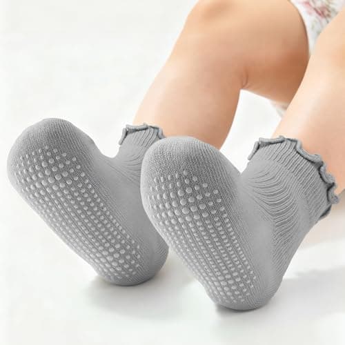 Henland-Jump 6 Pairs Toddler Ruffle Socks for Girls - Baby Grip Socks with Non-Slip, Cute Grippy Frilly Design - Thumbnail 2