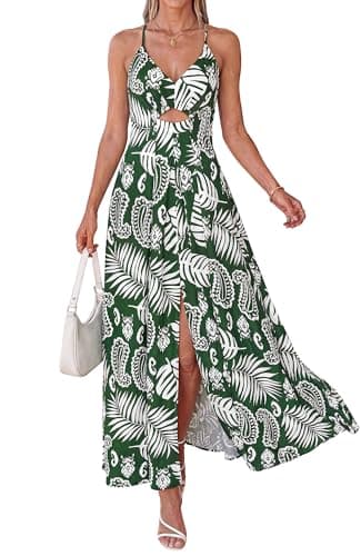 BTFBM Summer Dresses for Women 2026 Spring Floral Spaghetti Strap Smocked Cutout Maxi Dress Resort Beach Vacation Outfit(Leaves Green, Medium) - Image 1
