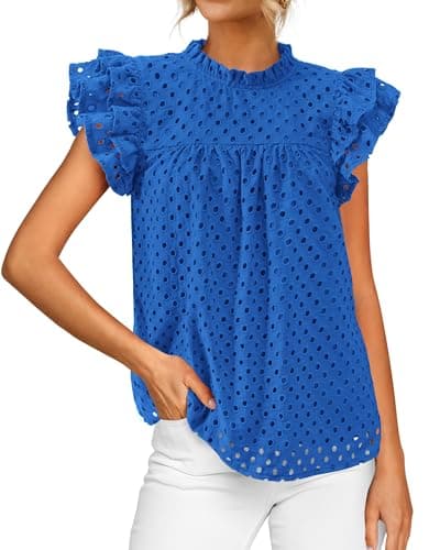 BTFBM Casual Summer Tops for Women 2025 Short Ruffle Sleeves Shirts Crew Neck Hollow Out Lace Embroidered Blouses(Blue,XX-Large) - Image 1