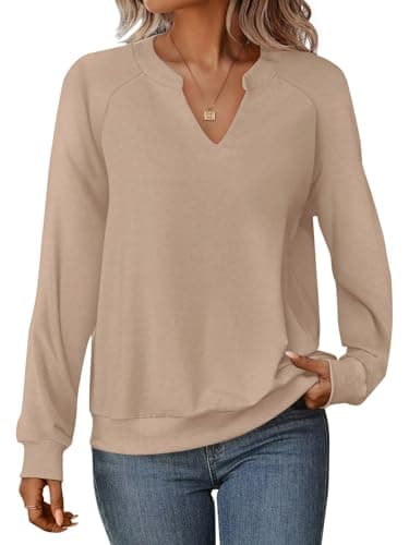 GKBK Womens Sweatshirts Long Sleeve V Neck Tops Fall Winter Basic Casual Lightweight Pullover Shirt Apricot - Image 1