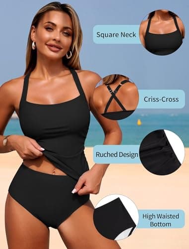 ZAFUL 2025 Tankini Swimsuits for Women Tummy Control Swimsuits 2 Piece Bathing Suits with Bottom Modest Swim Suit Black S - Thumbnail 4