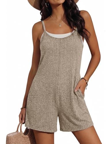 Ekouaer Womens Summer Casual Rompers 2026 Loose Sleeveless Overalls Adjustable Shorts Jumpsuits with Pockets Outfits Khaki X-Large - Image 1