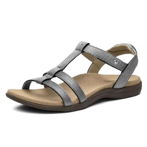 Rihero Arch Support Orthopedic Sandals for Women Comfortable Dressy Summer Orthotic Flat Sandals for Beach Walking Grey Emboss Size 9 - Image 1