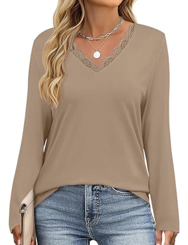 JUSTFASHIONNOW Winter Tops for Women V Neck Long Sleeve Shirts Trendy Lace Shirt Loose Fit Basic Tee Dressy Casual Work Office Outfits 2025 (Khaki,Large) - Thumbnail 5