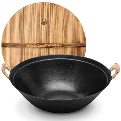 WANGYUANJI 14.2" Cast Iron Wok with Lid, Dual Handles - Flat Bottom Chinese Stir Fry Pan for Induction & Gas Stoves - Traditional Handcrafted Turtle Shell Texture, Uncoated & Non-Toxic - Image 1