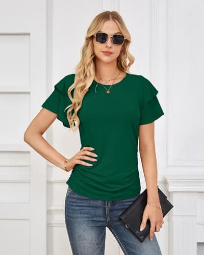 GRACE KARIN Summer Tops for Women Dressy Casual, Ruffle Short Sleeve Work Shirt, 2026 Spring Blouses Dark Green Small - Thumbnail 2