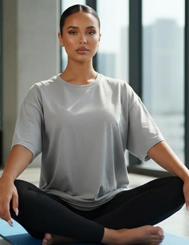 LETSEE 4 Pack Oversized Tshirts for Women Short Sleeve Workout Shirt Crew Neck Loose Fit Baggy Tee Tops Basic Clothes (1 Mushroom 1 Light Grey 1 Apricot 1 Black, Large) - Thumbnail 3