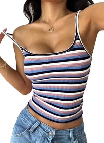 PRETTYGARDEN Women Summer Crop Tops Sleeveless Spaghetti Strap Tank Striped Cami Knit Y2K Clothes Slim Fit Spring Shirts(Navy Blue,X-Small) - Image 1