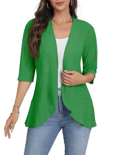 Askyes Women's Casual Cardigan Eyelet Embroidery Open Front Spring Loose Lightweight Beach Cardigan 3/4 Sleeve,Green,XL - Image 1