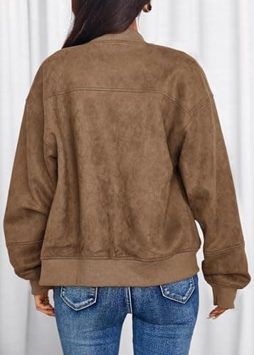 Lazysmile Women's Faux Suede Bomber Jackets Fall Fashion Outfits Winter Clothes Stand Collar Zip Up Coat Outwear with Pockets - Thumbnail 2