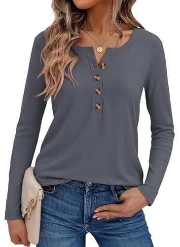 WNEEDU Women's Long Sleeve Henley Shirts 2025 Fall Winter Warm Sweatshirt Fashion Casual Tunic Tops(Gray,L) - Image 1