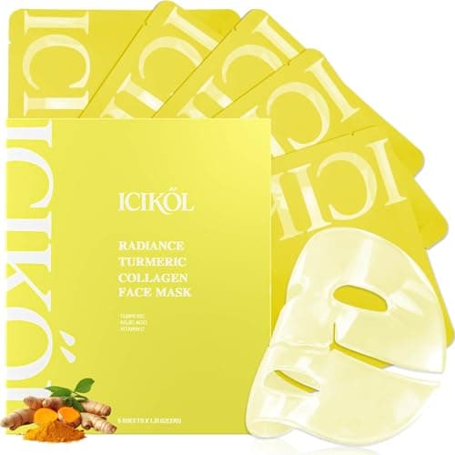 ICIKOL Radiance Turmeric Collagen Face Mask, 5 Pack - Overnight Calming Ance Mask with Kojic Acid for Roughed Skin & Dullness, Oil Control & Pore Refining Facial Sheet Mask - Image 1