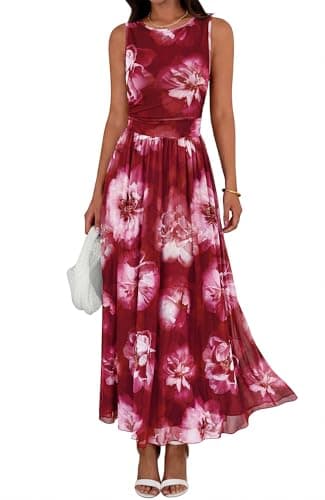 BTFBM Summer Dresses for Women 2026 Floral Maxi Dress Sleeveless Mesh Flowy Spring Wedding Guest Dress Long Sundresses(Wine Red Flower, Small) - Image 1
