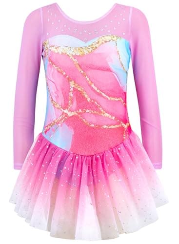 Gymnastics Leotards for Girls Ballet Dance Outfit 8 9 Toddler Leotard Tutu Dress Sleeveless Purple Leopard Skirt (Hotpink Marble, 8-9 Years) - Image 1