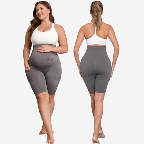 Y25D Maternity Biker Shorts with Pockets 8" Over Belly Seamless Athletic Yoga Workout Running Lounge Shorts - Thumbnail 2