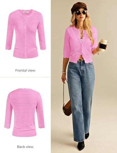 GRACE KARIN Womens Short Sleeve Cardigan Sweater, Lightweight Cropped Cardigan Trendy, Dressy Casual Floral Bolero Shrugs Pink - Thumbnail 6