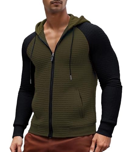 Men's Lightweight Waffle Knit Hoodie Zip Up Long Sleeve Casual Warm Drawstring Plaid Jacquard Sweatshirt with Pocket - Image 1