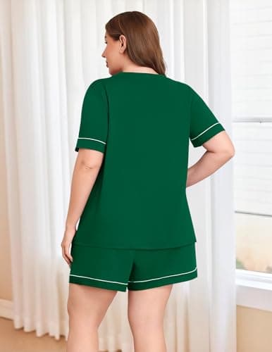 Lastshe Women Plus Size Pajama Sets Knit Soft 2 Piece Short Sleeve Shorts with Pockets Pjs Lounge Set Loungewear,Dark Green-3X - Thumbnail 5