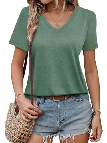 GKBK Womens Short Sleeve T Shirts V Neck Tops Summer Trendy Comfy Casual Basic Tee Shirt Green,XL - Image 1