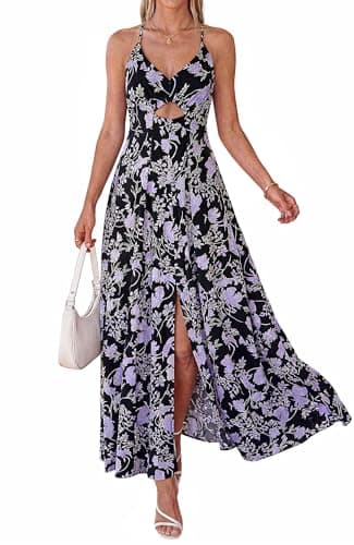 BTFBM Summer Dresses for Women 2026 Spring Floral Spaghetti Strap Smocked Cutout Maxi Dress Resort Beach Vacation Outfit(Floral Black Purple, Large) - Image 1