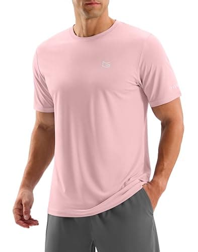 Men's Workout Breathable T-Shirts Dry Fit UPF 50+ Sun Shirts Quick Dry Cooling Tee for Athletic, Running, Hiking (Light Pink, L) - Image 1