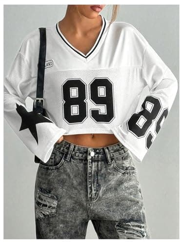 Milumia Women's Jersey Shirts Y2k Number Print Long Bell Sleeve Crop Tops Football Jersey White X-Small - Thumbnail 4