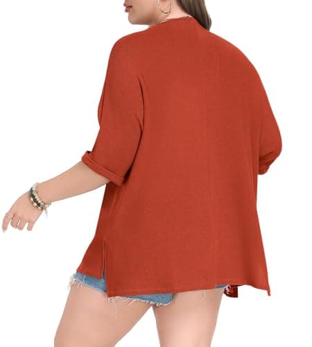 Lastshe Womens Plus Size Cardigan Rolled Short Sleeve Lightweight Split Hem Sweaters Cardigan Wrap,Orange,4X - Thumbnail 4