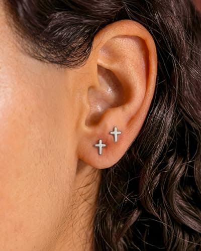 MUMREUES Silver Earrings for Women 14K White Gold Plated Cross Stud Earring Dainty Minimalist Simple Small Earrings Jewelry Gift for Her - Thumbnail 2
