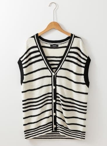 Dokotoo Vest Striped V Neck Button Vest for Women Open Front Short Sleeve Sweater for Women Plus Size Fashion Black X Large - Thumbnail 6