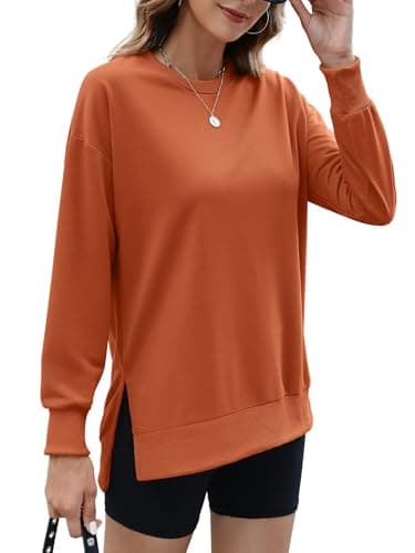 ECOWISH Women Side Split Sweatshirt: Fall Crewneck Long Sleeve Oversized Camo Shirts Casual Camouflage Print Pullover Tops 409 Orange Brown S - Image 1