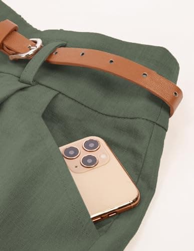 Belle Poque Womens Summer Linen Shorts Dark Green Bermuda Shorts with Belts Paper Bag Shorts (Dark Green, S) - Thumbnail 3
