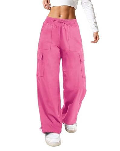 keriffe Baggy Cargo Pants Women Parachute Hiking Wide Leg Pants with 4 Pockets Y2K Clothes Casual Travel Hot Pink - Image 1
