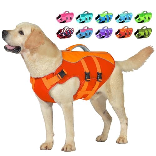Dog Life Jacket, High Buoyancy Dog Life Vest with Handle for Swimming Boating, Adjustable Swimming Vest with Reflective Trim for Small Medium Large Dogs - Orange, XL - Image 1