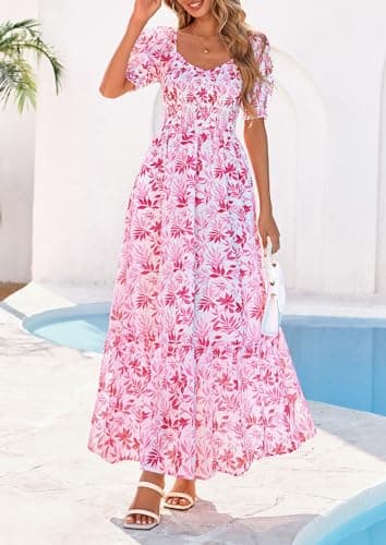PRETTYGARDEN Women's Floral Boho Maxi Dresses Flowy Short Sleeve A Line Smocked Eyelet 2026 Summer Beach Vacation Clothes (Leaves Pink,Small) - Thumbnail 2
