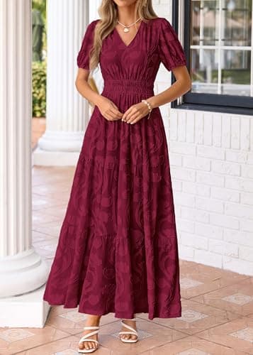 KIRUNDO Womens Boho Maxi Dress Summer Short Sleeve V Neck Floral Flowy A Line Formal Wedding Guest Baby Shower Long Dresses(Burgundy, Medium) - Thumbnail 6