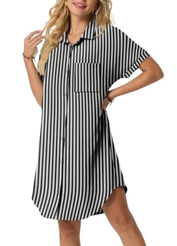 HiMONE Women’s Button Down Shirt Dress Casual Loose Short Sleeve Cover Up with Pocket Lightweight Beach Tunic Dress - Image 1