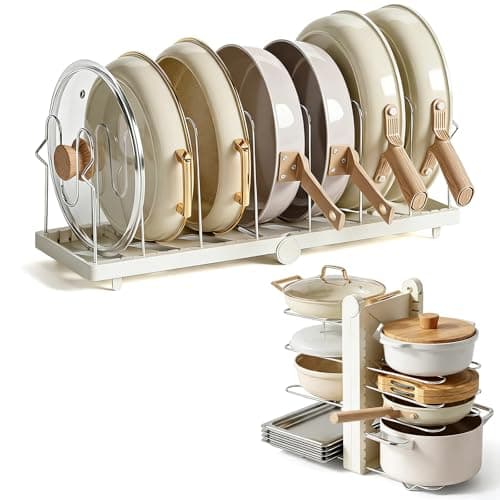 TOMSHUB Foldable Pots and Pans Organizer Under Cabinet, 8 Adjustable Stainless Steel Dividers,28.5" L x 9.1" W x 9.9" H Expanded, Folds Flat, Heavy Duty Kitchen Cabinet Organizer with Lid Holder