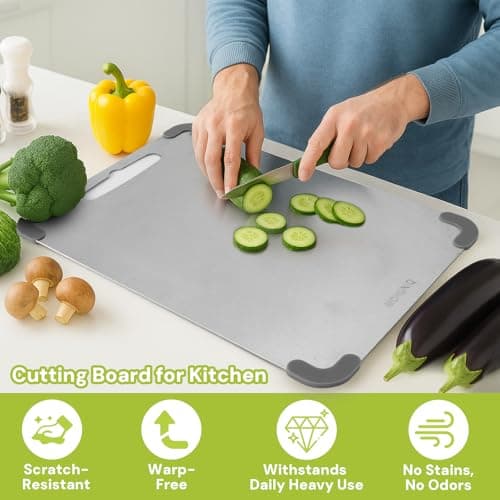 MOHUNIQ Stainless Steel Cutting Boards for Kitchen, Dishwasher Safe Steel Chopping Board, Double Sided Non Plastic Metal Cutting Board, 13.4" × 9.1" - Thumbnail 2