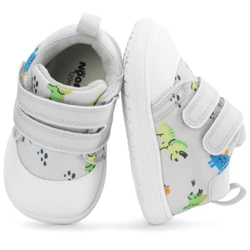 noorkiz Baby First Walking Shoes Infant Wide Toe Box Non-Slip Soft Cartoon Mid-Top Sneakers for Baby Boys Lightweight Barefoot Easy On Off Outdoor Grey 7 Toddler - Image 1