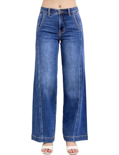 Sidefeel Women's Wide Leg Jeans High Waisted Stretchy Side Seam Denim Pants with Slanted Pockets Size 8 Blue - Image 1