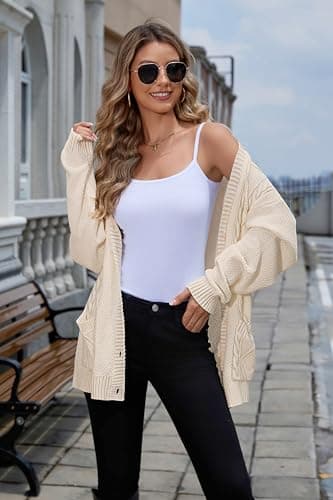 LYNYMUA Oversized Chunky Cardigan for Women Chunky Cable Knit Long Open Front Cardigans Thick Warm Fall Winter Sweater Apricot M - Thumbnail 4