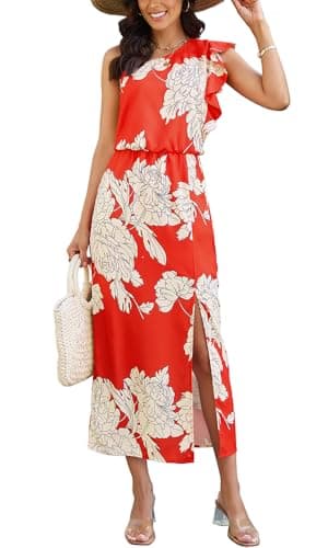 CCTOO Women Summer Floral Dresses Ruffle One Shoulder Sleeveless Flowy Beach Vacation Wedding Guest Maxi Dress Red M - Image 1