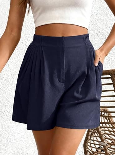 BTFBM Womens Shorts Casual 2026 Spring Summer Elastic High Waisted Pleated Cotton Shorts Beach Vacation Outfits Pockets(Navy Blue, Medium) - Thumbnail 5