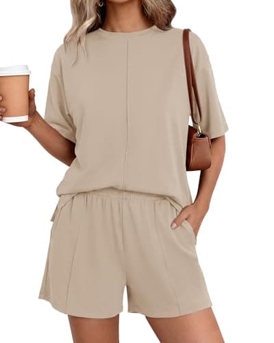 BTFBM Casual 2 Piece Sets For Women Summer 2026 Short Sleeve Tops Shorts Spring Lounge Matching Workout Airport Outfits(Beige,Large) - Image 1