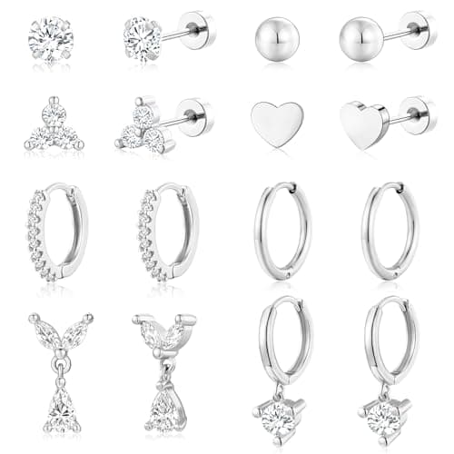 adoyi Silver Hoops Earrings Set for Women Hypoallergenic Surgical Steel Earrings 14K Gold Plated for Sensitive Ears Flat Back Studs Cartilage Stainless Steel Earring Jewelry Lightweight - Image 1