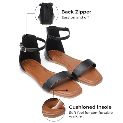 katliu Women's Ankle Strap Flat Sandals One Band Dressy Sandals Square Open Toe Sandals for Summer with Back Zipper Black 8.5 - Thumbnail 4